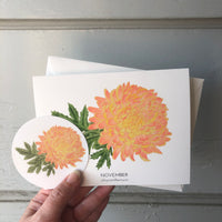 November Birth Flower Chrysanthemum Watercolor Greeting Card + Sticker