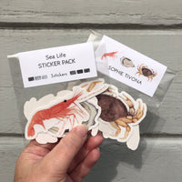 Sea Life Shellfish Sticker Pack - Prawn, Oyster, Dungeness Crab