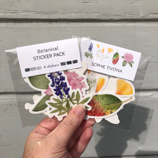 Botanical Watercolor Sticker Pack - Poppy, Madrone, Lupine, and Rhododendron