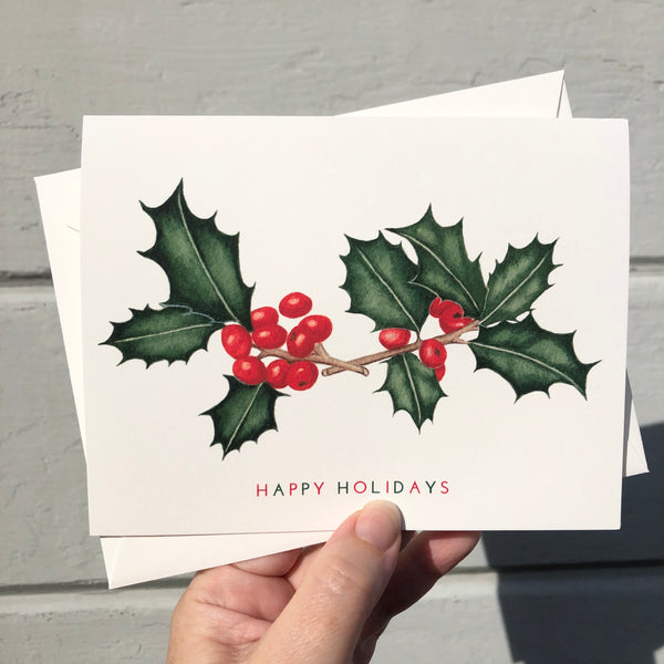 Happy Holidays Holly Botanical Watercolor Greeting Card