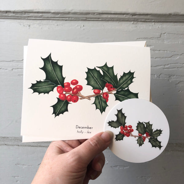 December Birth Flower Holly Watercolor Greeting Card + Sticker