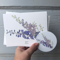 July Birth Flower Larkspur Watercolor Greeting Card + Sticker