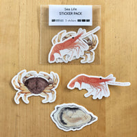 Sea Life Shellfish Sticker Pack - Prawn, Oyster, Dungeness Crab