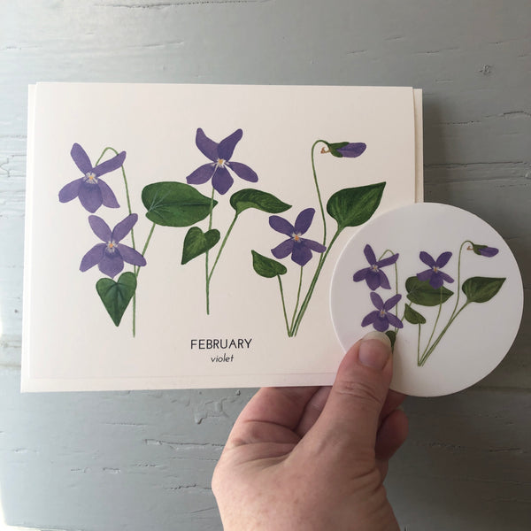 February Birth Flower Violet Watercolor Greeting Card + Sticker